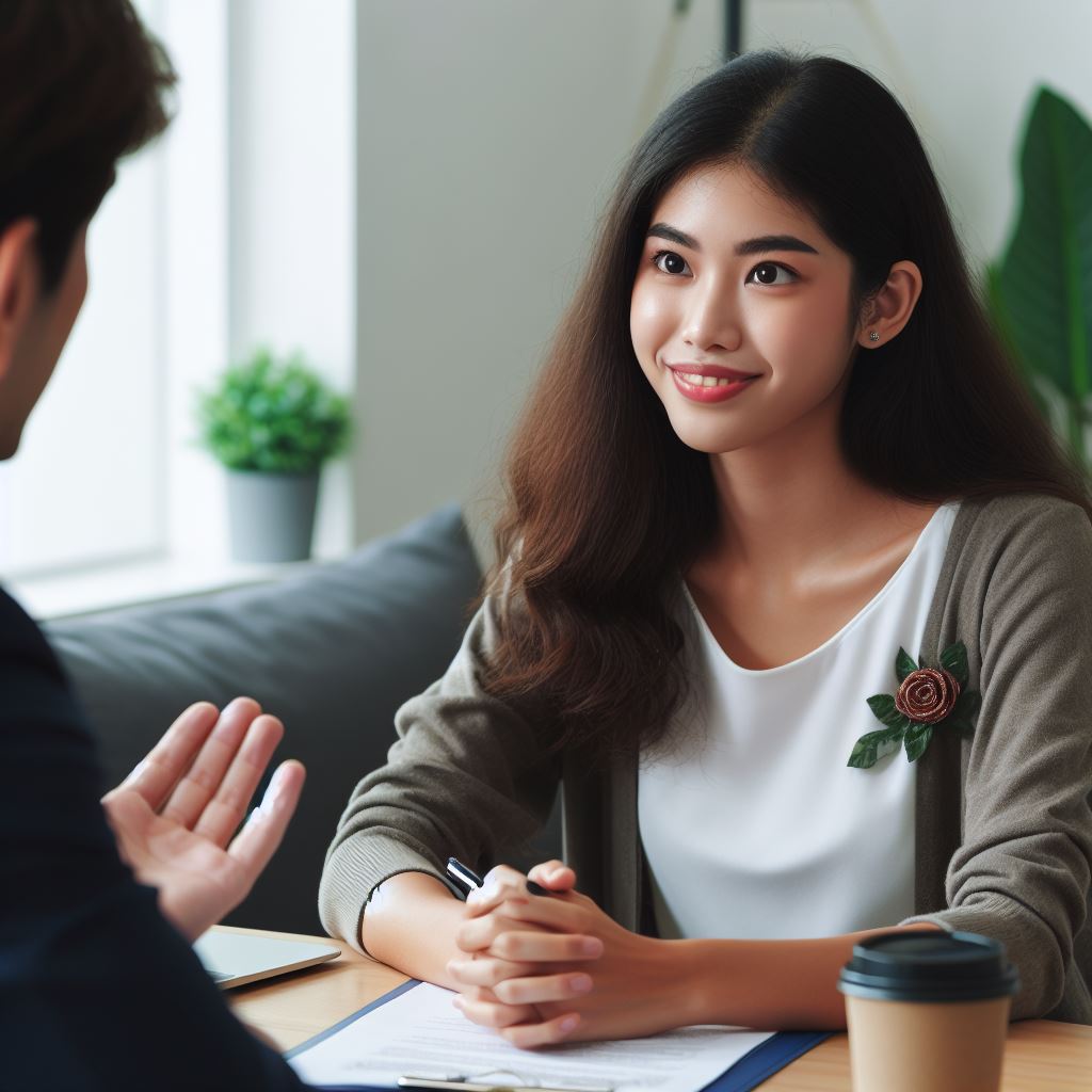 Adult ESL student listening carefully to an interviewer