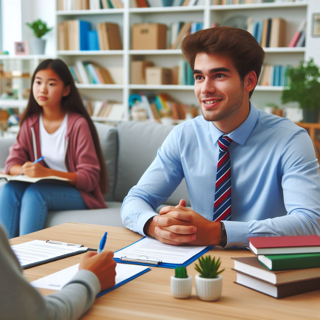 Adult ESL student talking with an interviewer