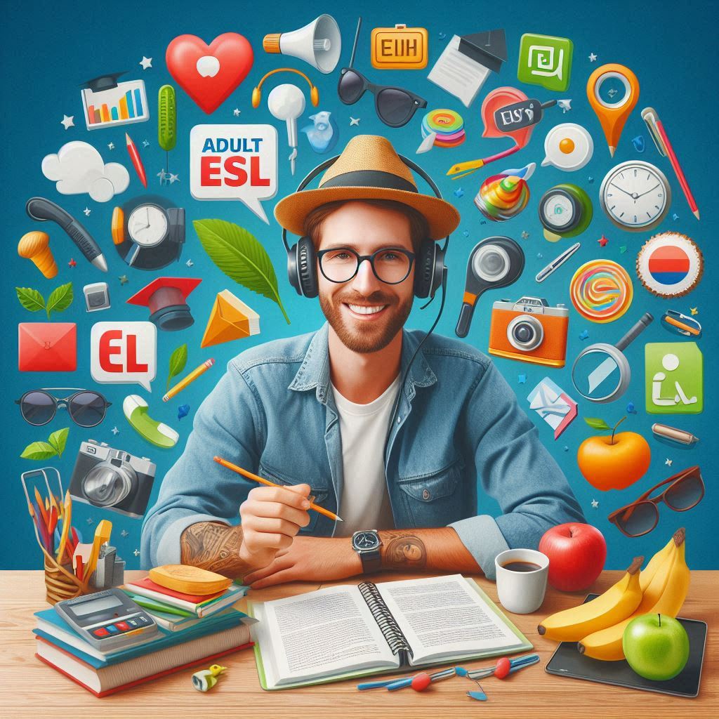 Adult ESL student using available tools to learn English