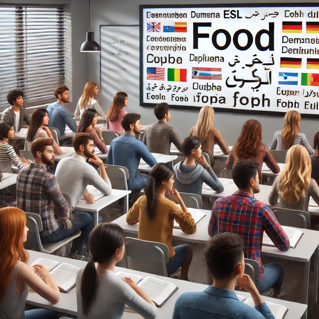 ESL students viewing an English word translated to many languages