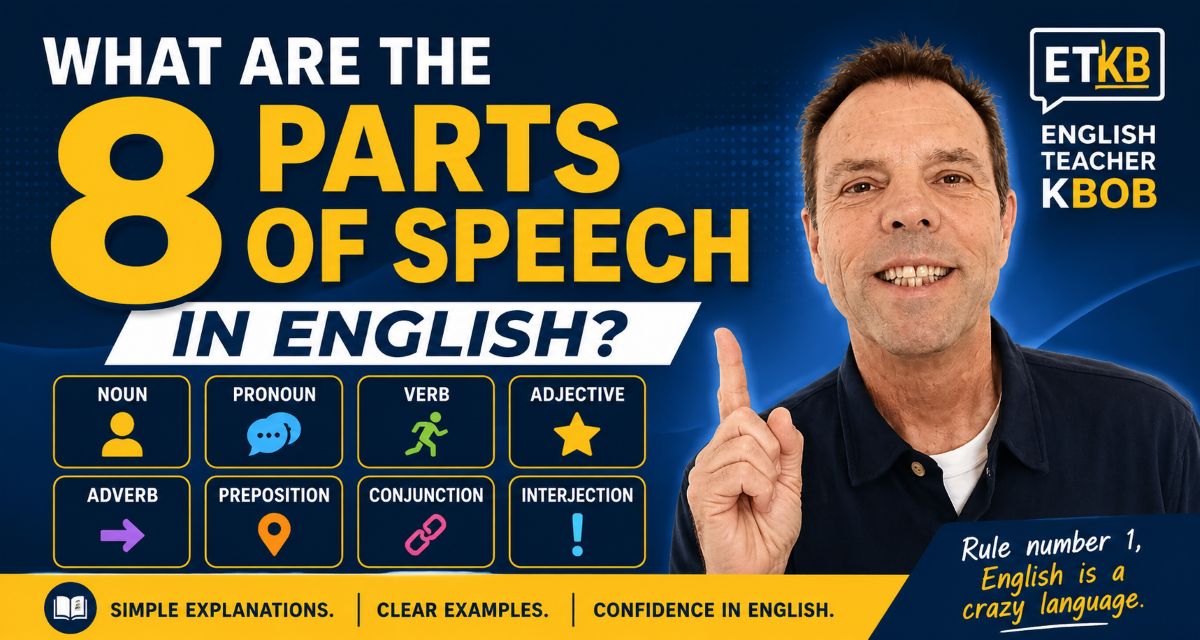 English Teacher KBob explaining the 8 parts of speech in English