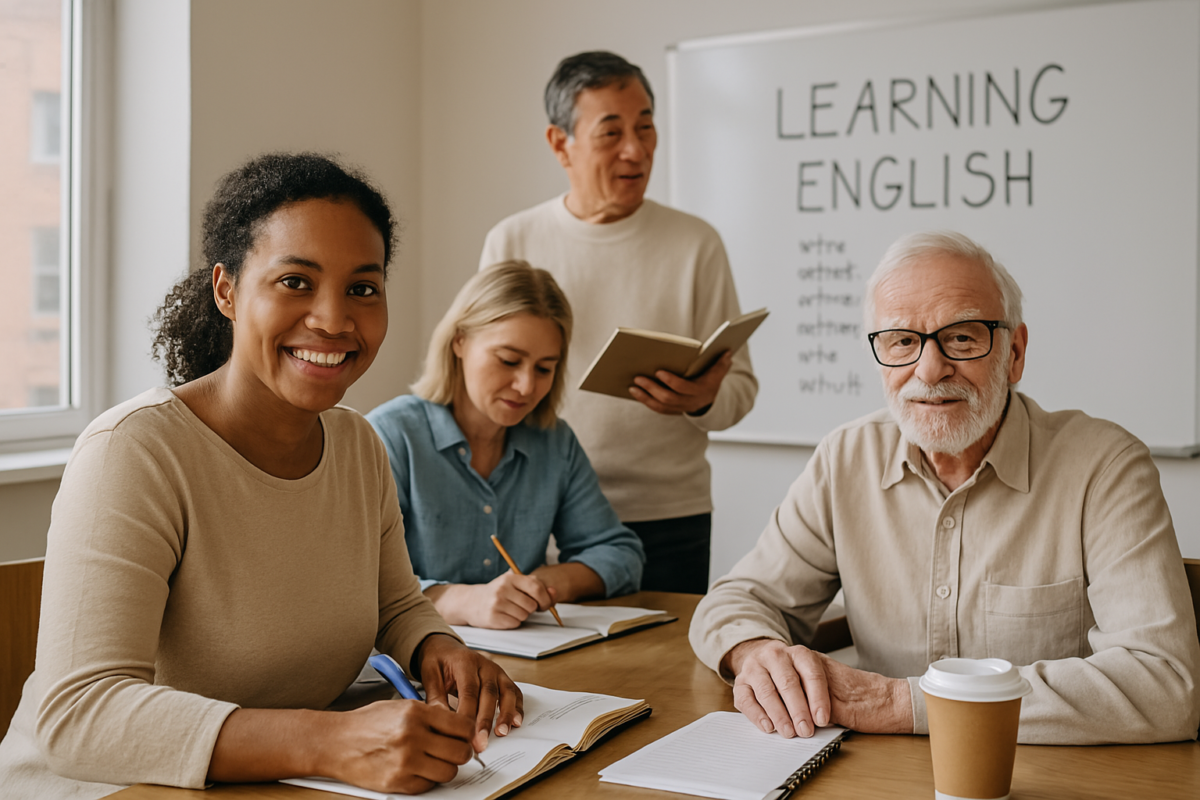 Hero image of adult ESL students studying