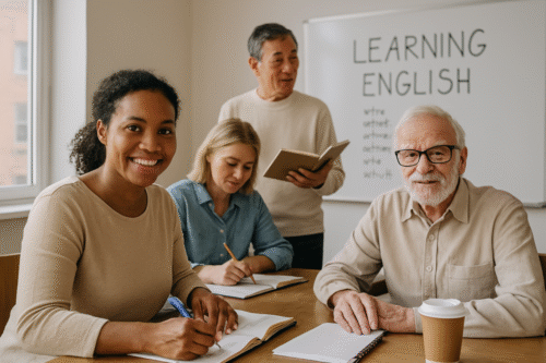 Hero image of adult ESL students studying