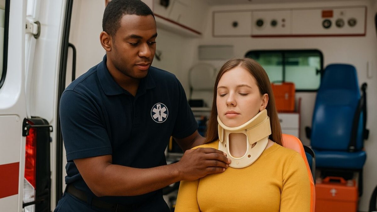 Emergencies featured image a paramedic responding to an emergency putting a neck brace on an injured person who was injured