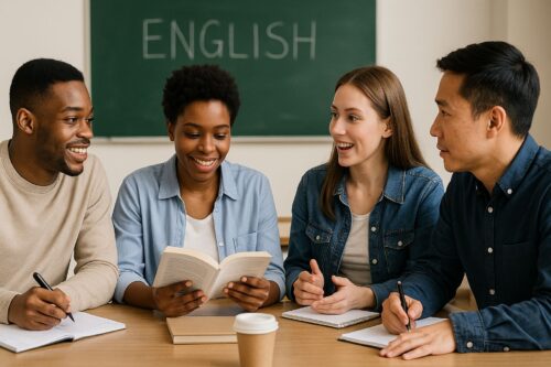 A diverse group of adult ESL students in an adult-school classroom, sitting together at a table while reading, writing, and speaking as part of a collaborative English lesson.
