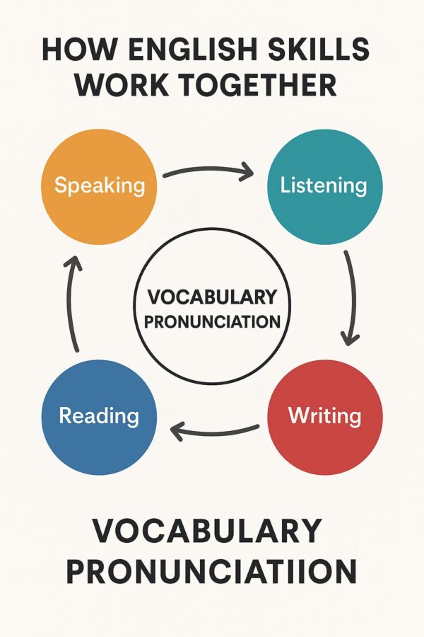 Infographic showing the four language skills—speaking, listening, reading, writing—connected in a cycle with vocabulary and pronunciation in the center.