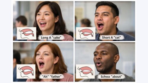 Four-panel image showing adult ESL students pronouncing the letter A in English, with mouth diagrams illustrating tongue position and lip shape for long A, short A, “ah,” and schwa sounds.