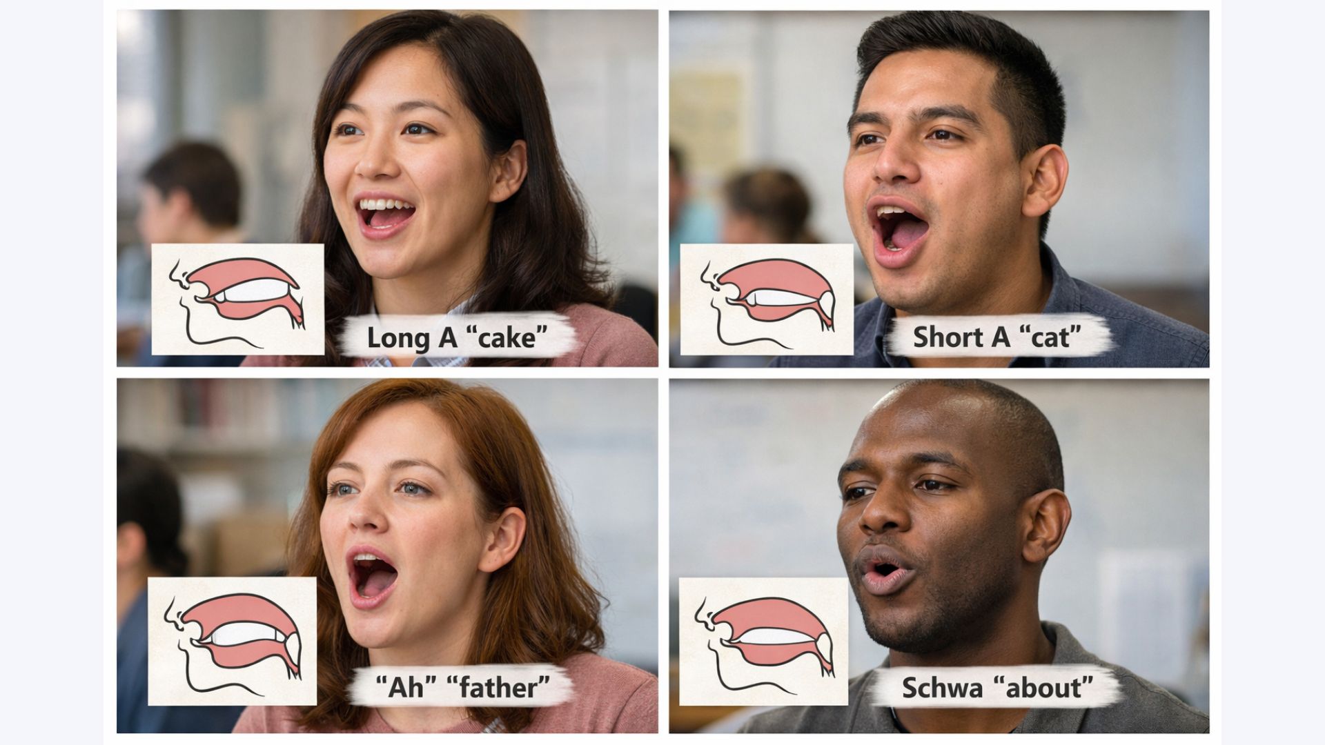 Four-panel image showing adult ESL students pronouncing the letter A in English, with mouth diagrams illustrating tongue position and lip shape for long A, short A, “ah,” and schwa sounds.