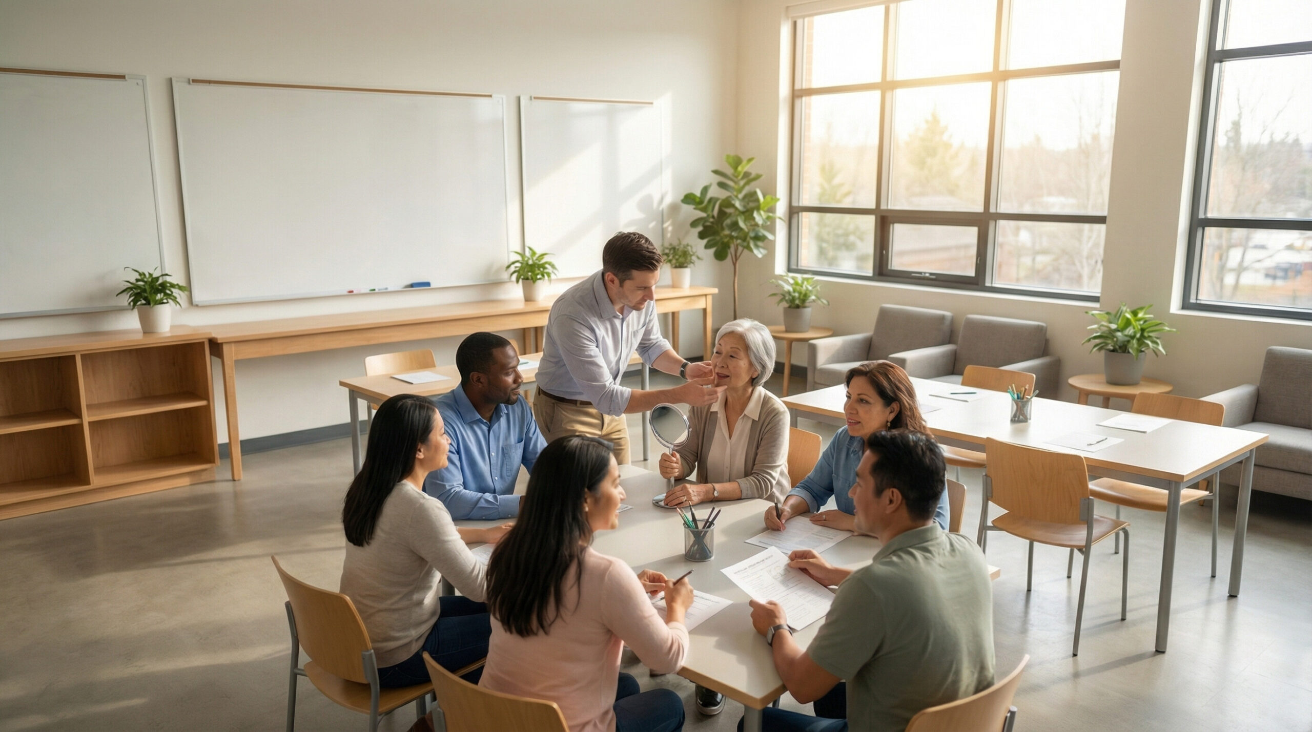 A diverse group of adult ESL learners practicing pronunciation in a classroom, guided by a teacher, representing the free pronunciation resources available on EnglishTeacherKBob.com.