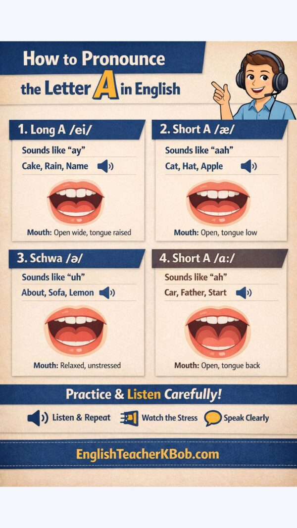 Infographic showing four common pronunciations of the letter A with example words for each sound.