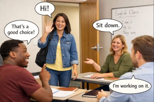 Adult ESL students pronouncing the letter I