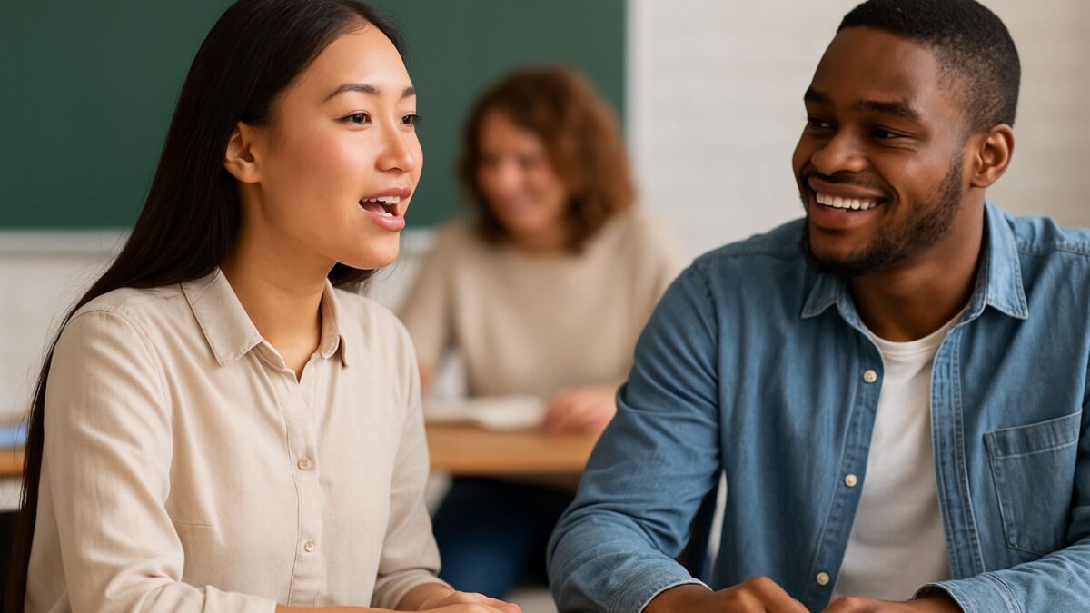 adult ESL students practicing English conversation in classroom