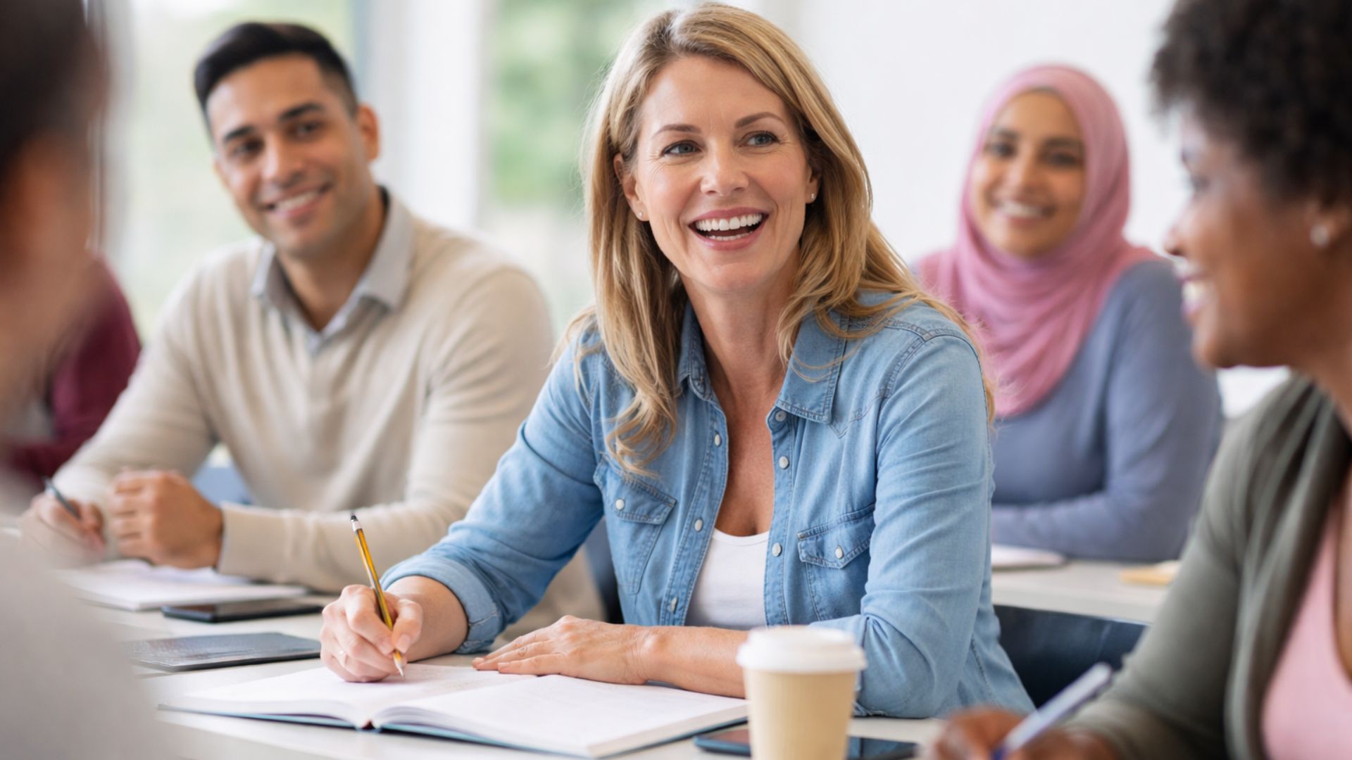 adult ESL students practicing English speaking in classroom