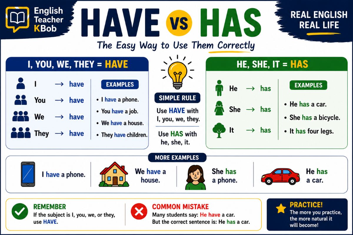 Infographic showing when to use have and has in English with beginner ESL examples.