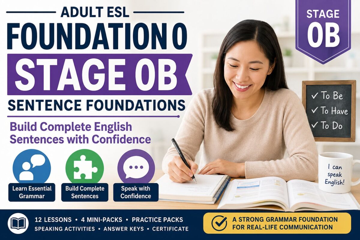 Adult ESL Foundation 0 Stage 0B Sentence Foundations course featuring complete English sentence building with the verbs to be, to have, and to do for beginning adult English learners.