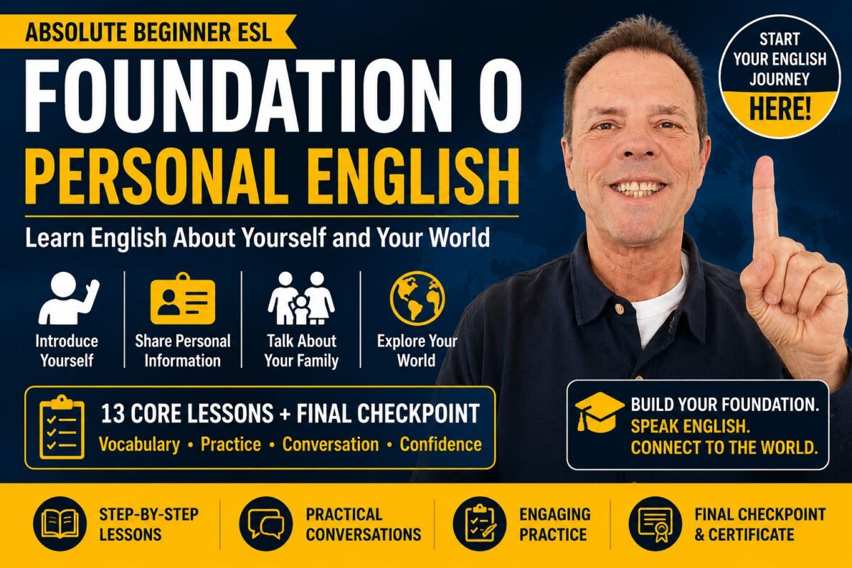 English Teacher KBob introducing Foundation 0 Personal English, an absolute beginner ESL course with 13 core lessons and a final checkpoint.